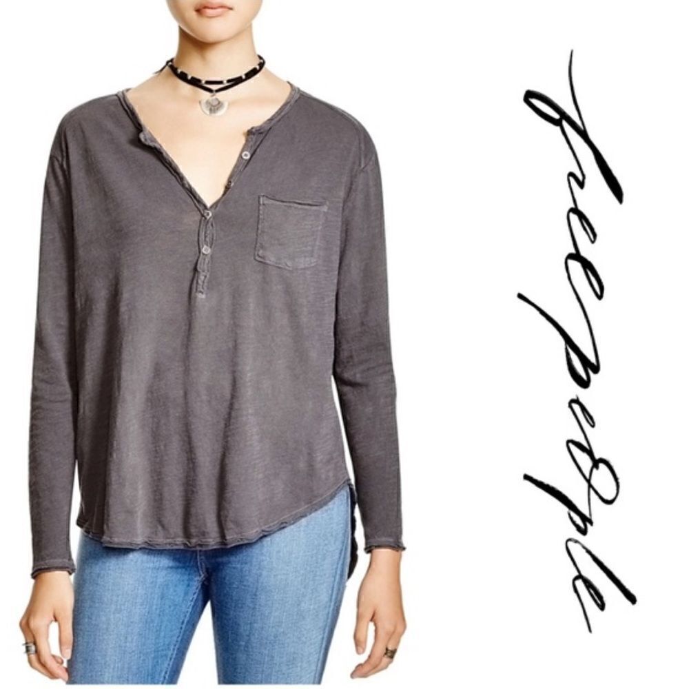 Free People Charcoal Grey Frontier Slub Long Sleeve Henley Top Size S